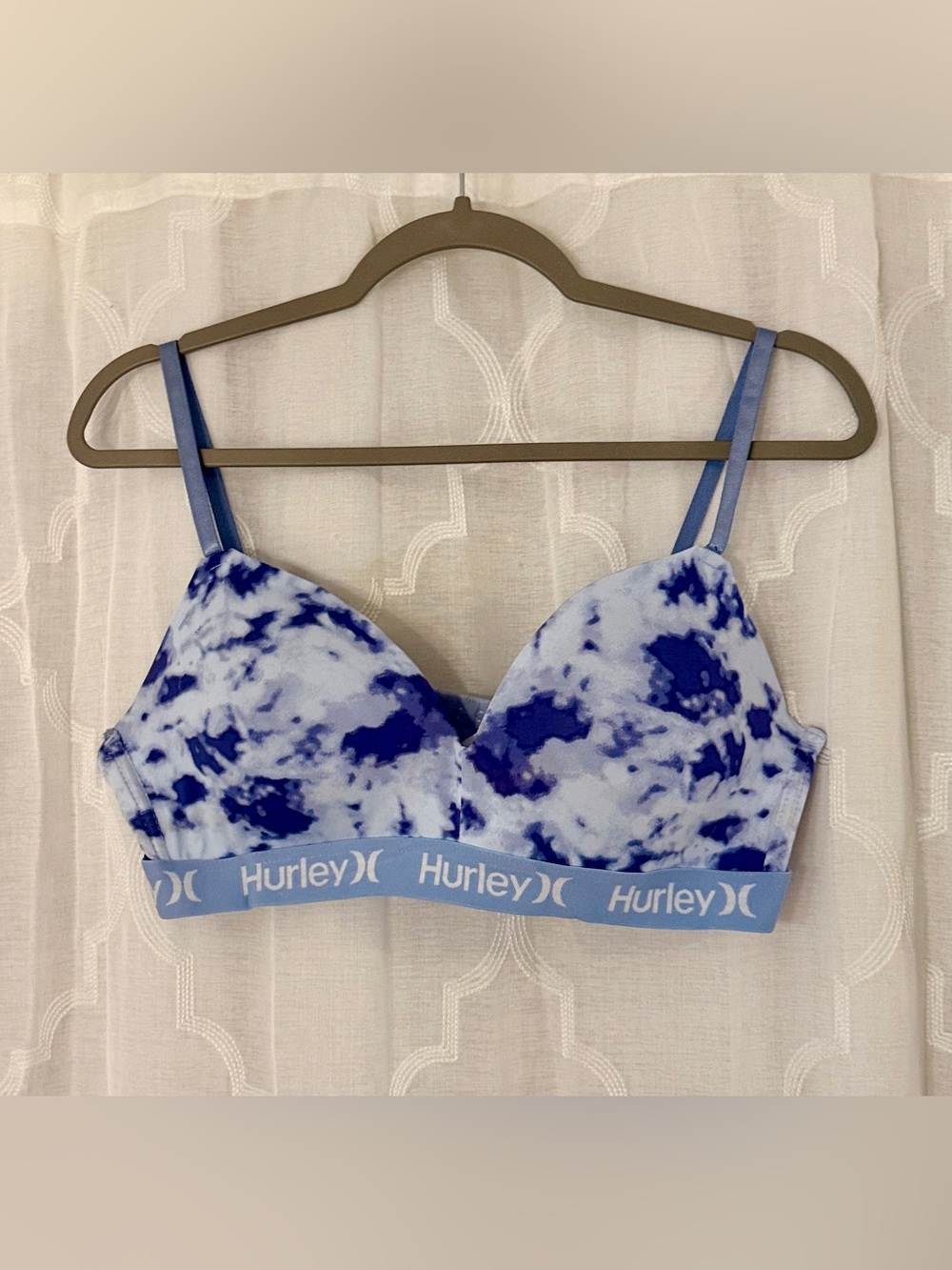 Hurley Blue White Tie Dye Wireless Bra 38C Logo Band